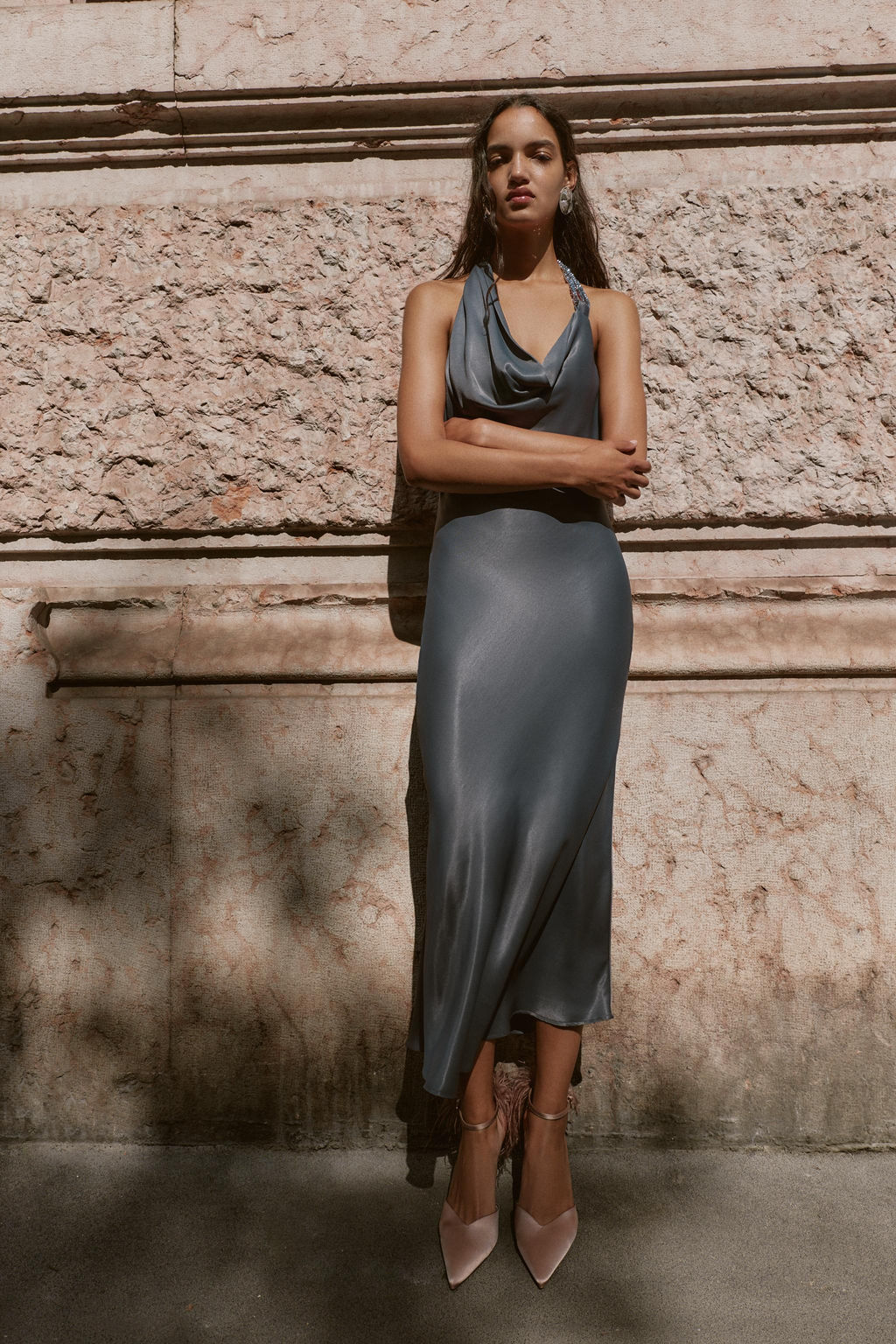 ASYMMETRIC BEADED SATIN MIDI DRESS