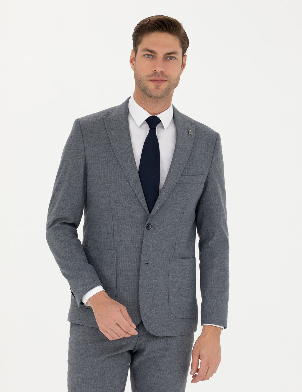 Koyu Mavi Slim Fit _izgili Tak_m Elbise