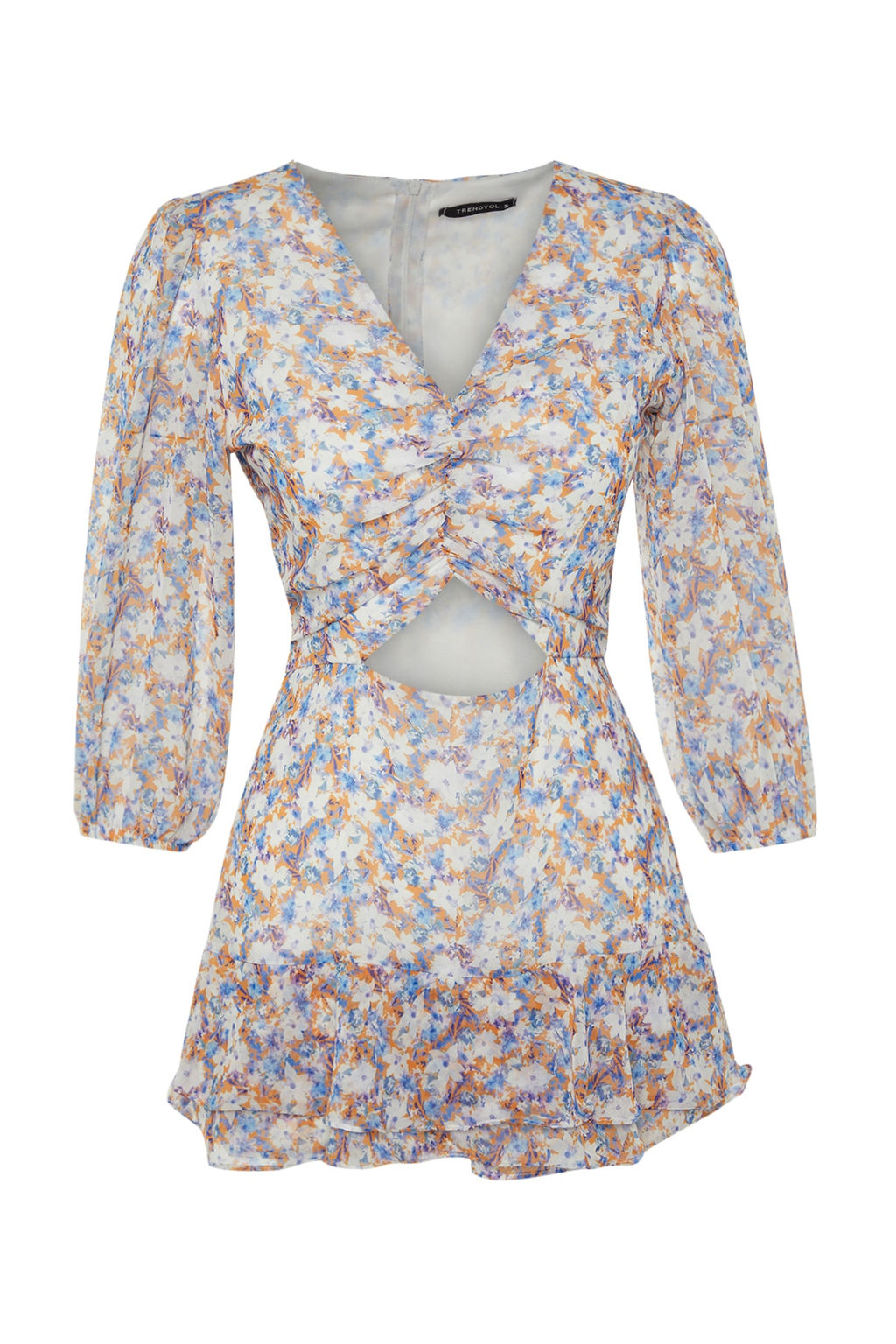 Cok Renkli Cicek Desenli Cut Out Detayl? Mini Astarl? Sifon Dokuma Tulum TWOSS23TU00113