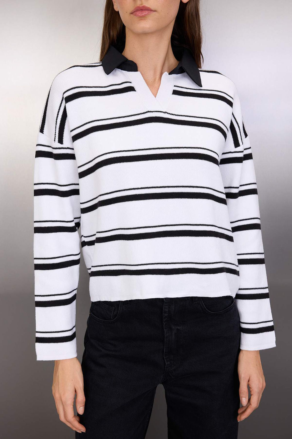 Siyah Pamuklu Genis Kal?p Gomlek Yaka Cizgili Triko Kazak TWOAW26KZ00143 - Trendyolmilla фото 3