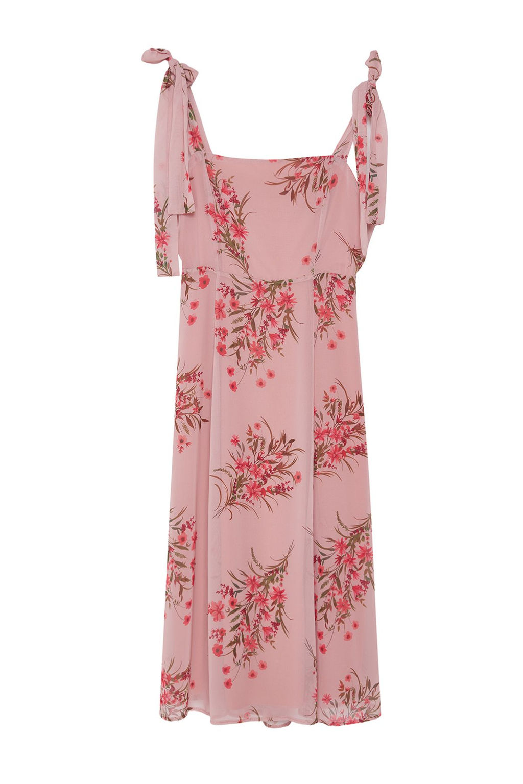 Pembe Cicekli A Kesim Y?rtmacl? S?rt? Gipe Detayl? Sifon Astarl? Midi Dokuma Elbise TWOSS24EL00699