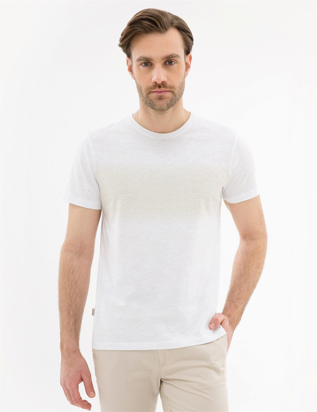 Beyaz Slim Fit Bask_l_ Bisiklet Yaka Ti__rt - Pierre cardin фото 2