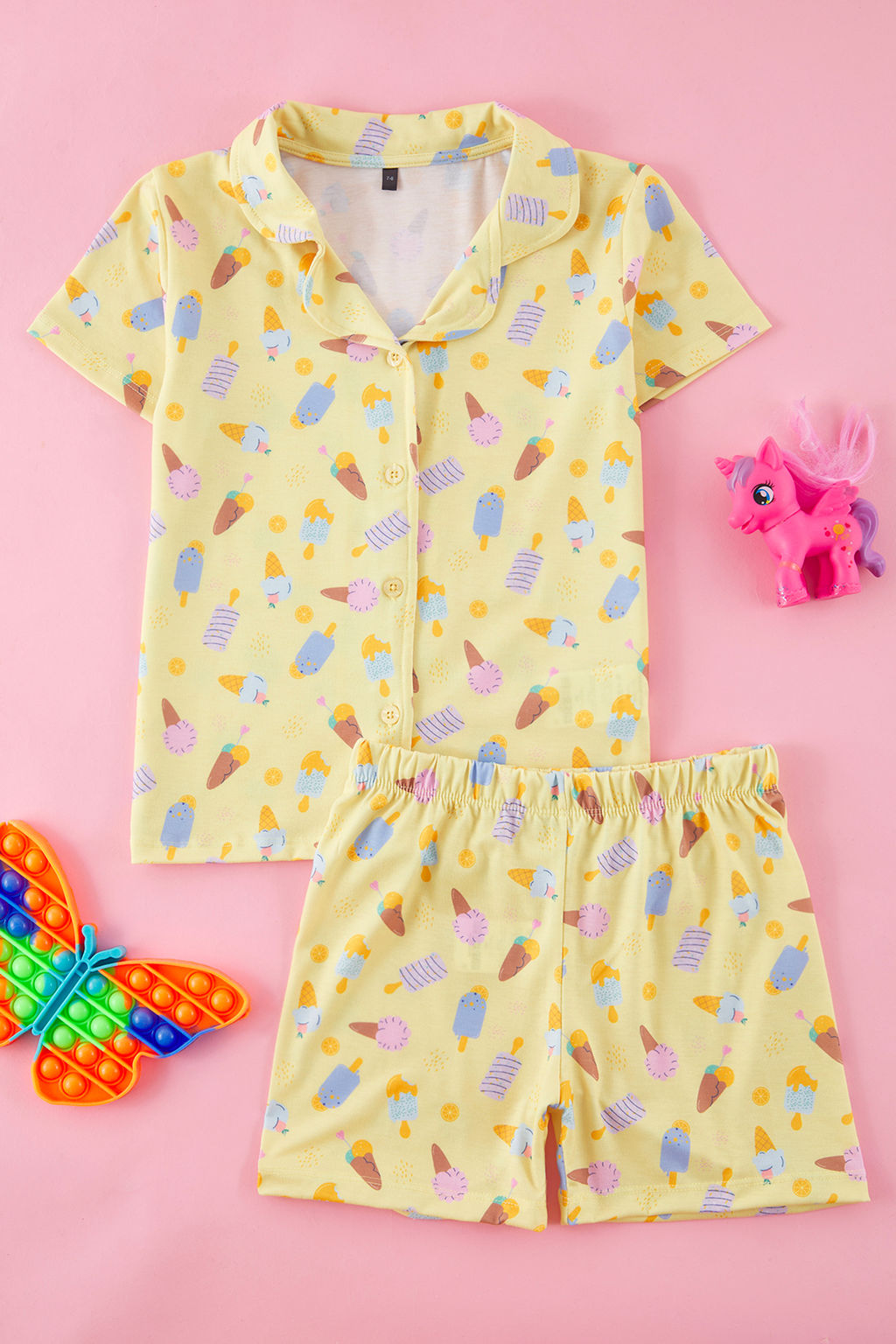 Sar? K?z Cocuk Hayvan Bask?l? Gomlek Yaka Alt Ust Pijama Tak?m? TKDSS25PT00001