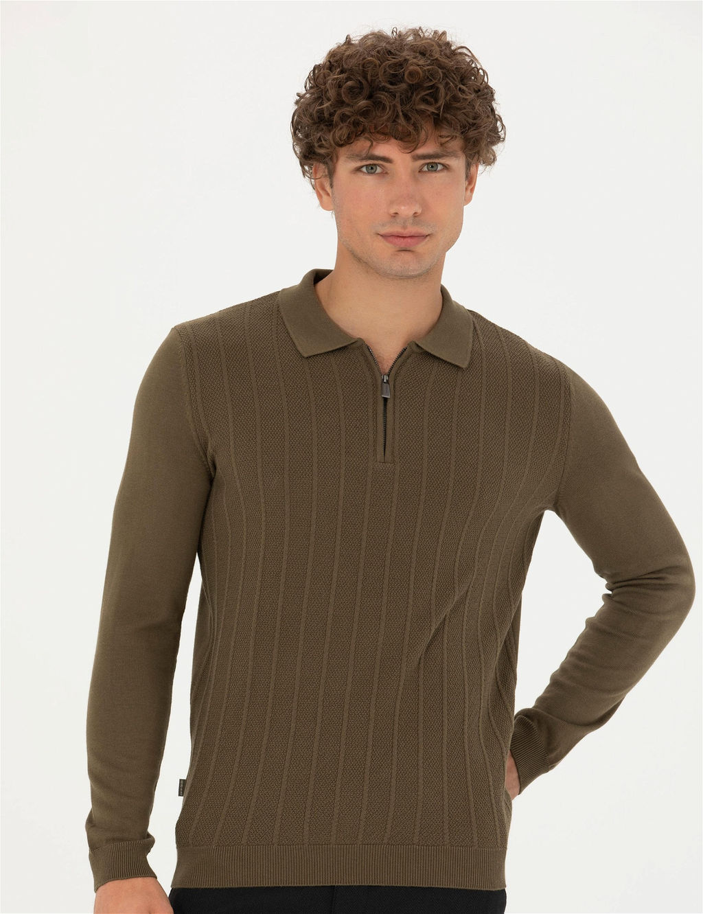 Koyu Haki Slim Fit Fermuarl_ Polo Yaka Triko Kazak