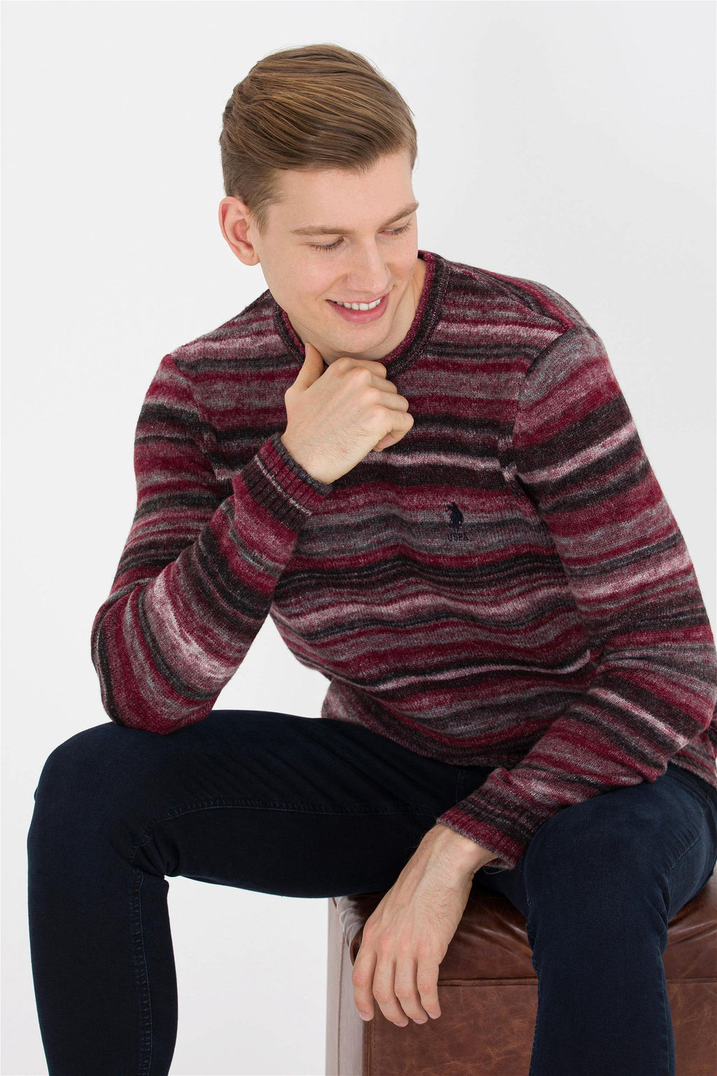 U. S. Polo Assn Мужской трикотажный свитер вишневого цвета с круглым вырезом - U.s. polo assn фото 8