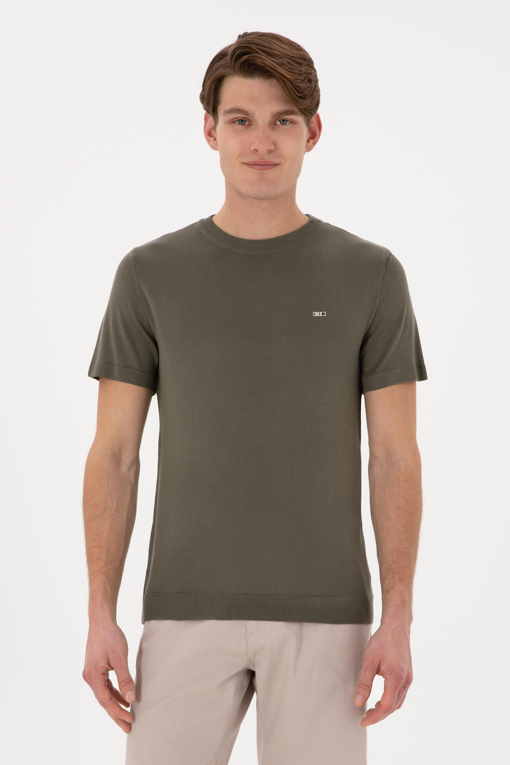 Erkek Slim Fit Bisiklet Yaka Koyu Haki Ti__rt Sepette S_rpriz _ndirim