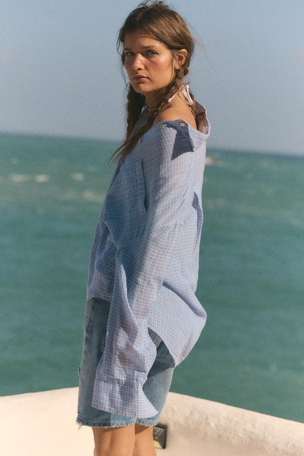 CAMISA GASA OVERSIZE BOLSILLO / Crudo / Azul - Zara фото 9