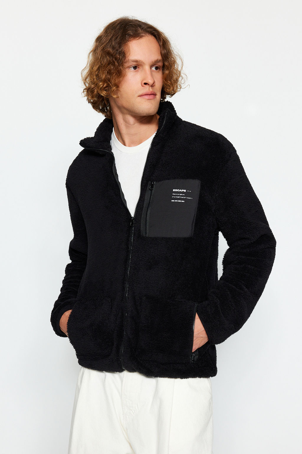 Siyah Unisex Regular/Normal Kesim Dik Yaka Fermuarl? Pelus H?rka-Sweatshirt TMNAW24SW00089