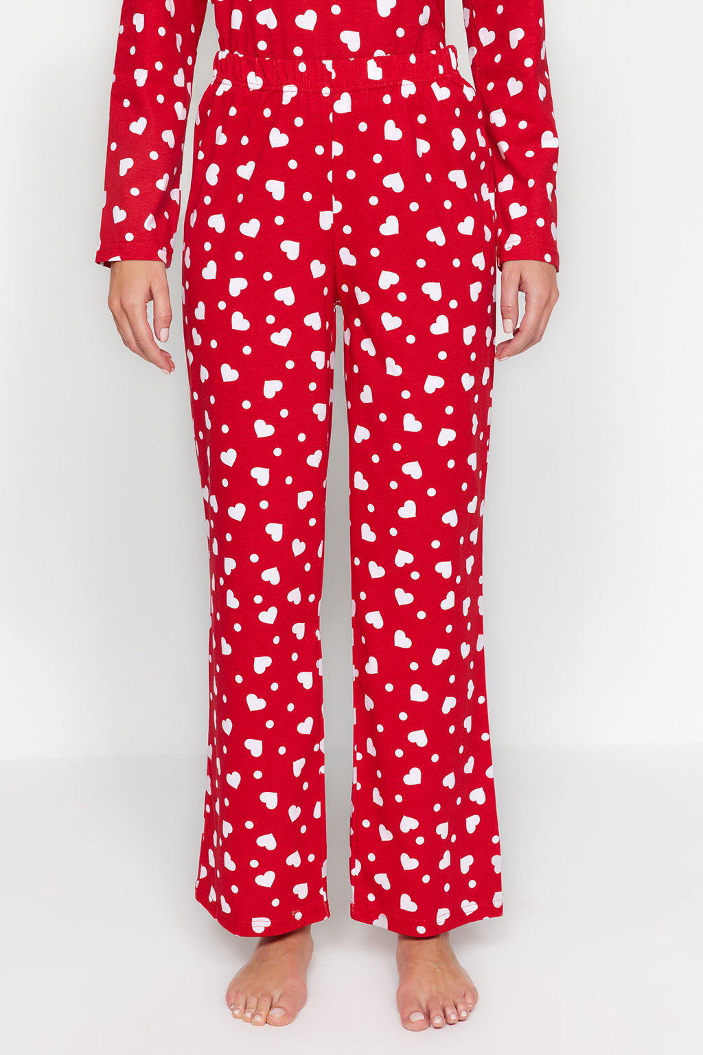 Trendyolmilla K?rm?z? %100 Pamuklu Kalpli Tshirt-Pantolon Orme Pijama Tak?m? THMAW24PT00124