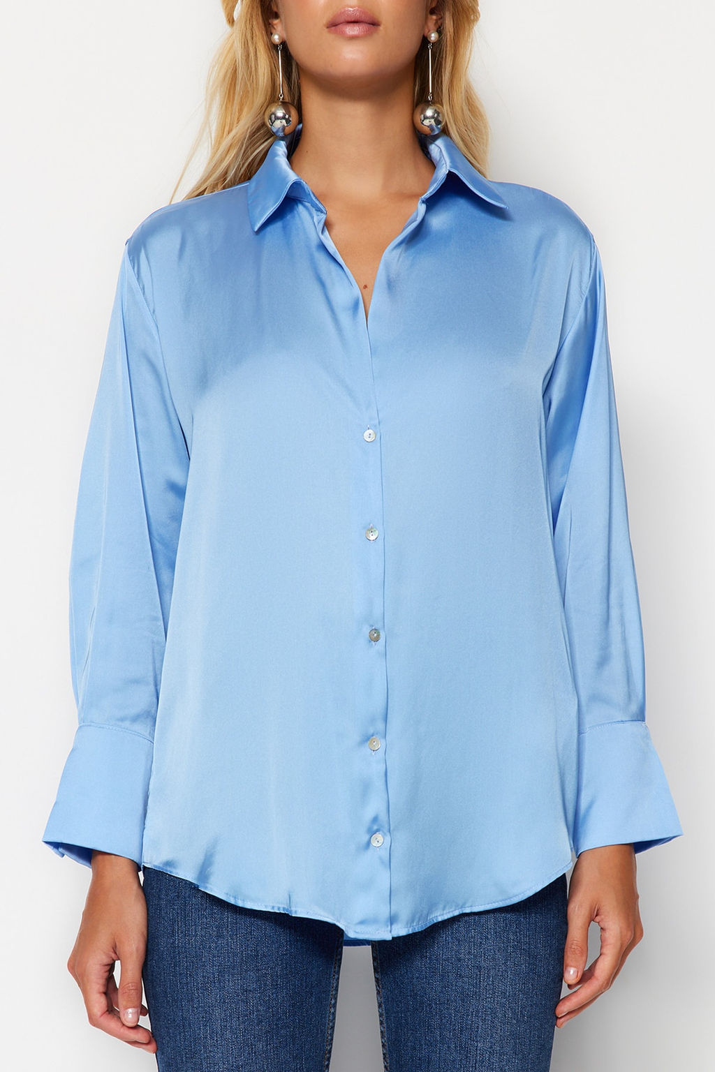 TRENDYOLMILLA Lacivert Oversize/Genis Kal?p Saten Dokuma Gomlek TWOAW24GO00211 фото 5