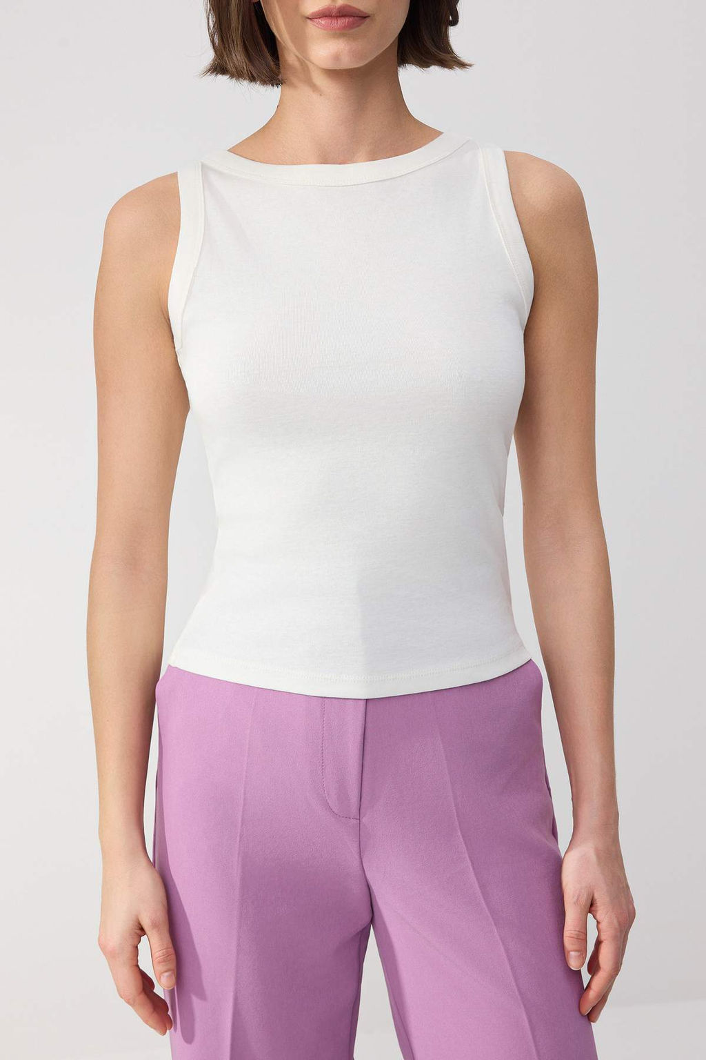 Wardrobe Essentials-Ekru Fitted/Vucuda Oturan Kolsuz Pamuk Ribana Orme Atlet TWOSS26AL00043