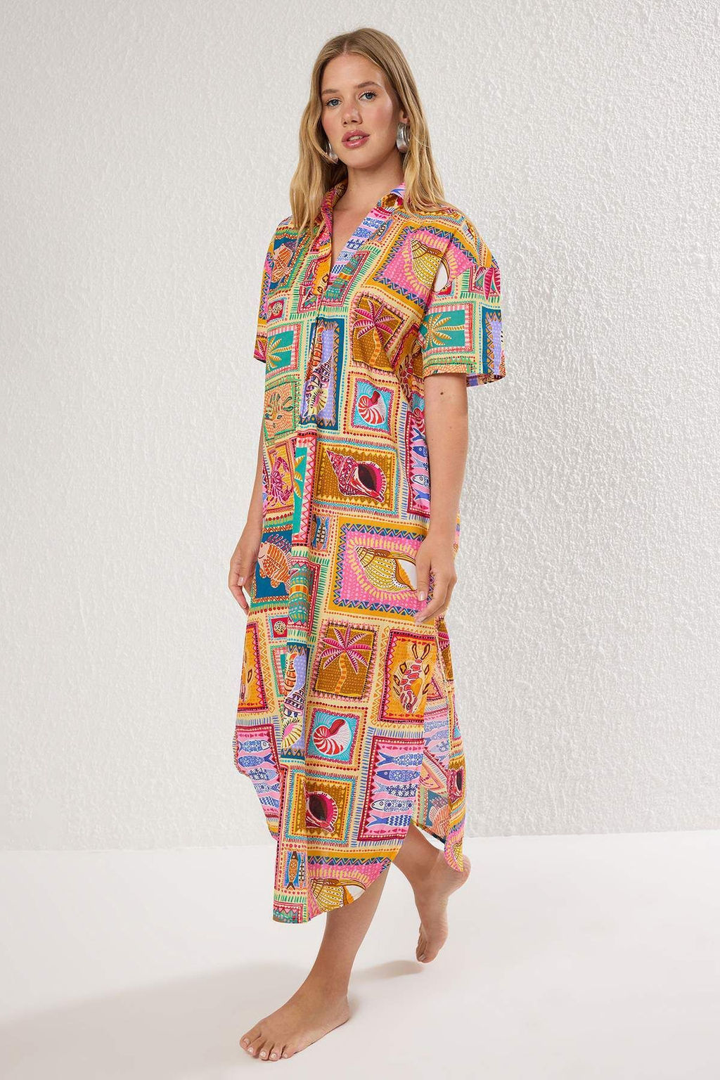 Tropikal Desenli Dokuma Y?rtmacl? %100 Pamuk Plaj Midi Elbise TBESS25EL00050