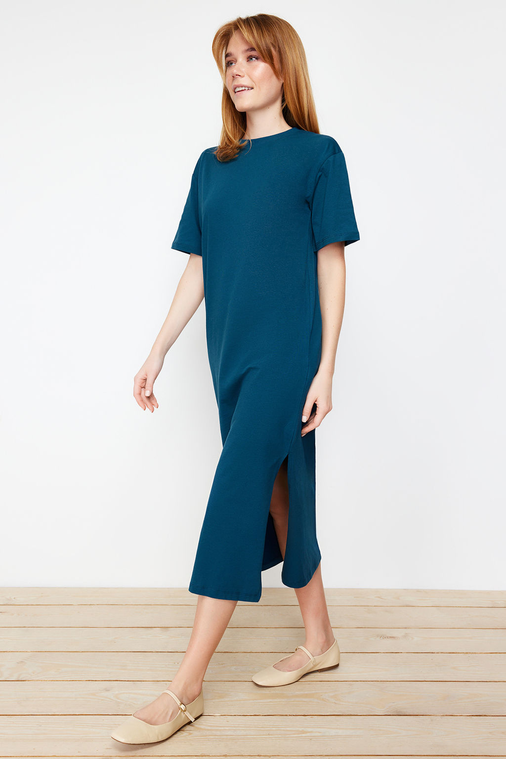 TRENDYOLMILLA Antrasit %100 Pamuk Eskitme Efektli Y?rtmacl? Shift/Rahat Kesim Orme T-shirt Elbise TWOSS24EL00140 фото 6