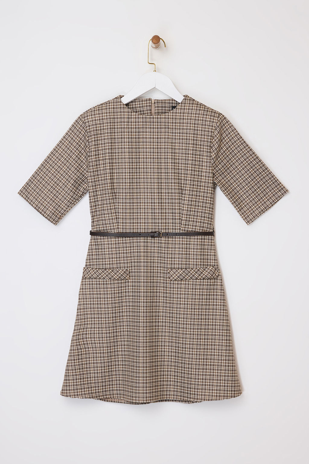 Bej Ekose/Kareli Kemer Detayl? k?sa/mini Dokuma Elbise TWOSS26EL00064 - Trendyolmilla фото 5