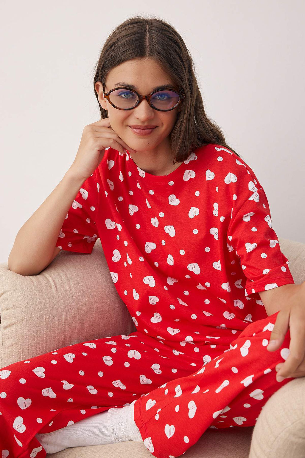K?rm?z? %100 Pamuklu Kalpli Orme Pijama Tak?m? THMSS24PT00372