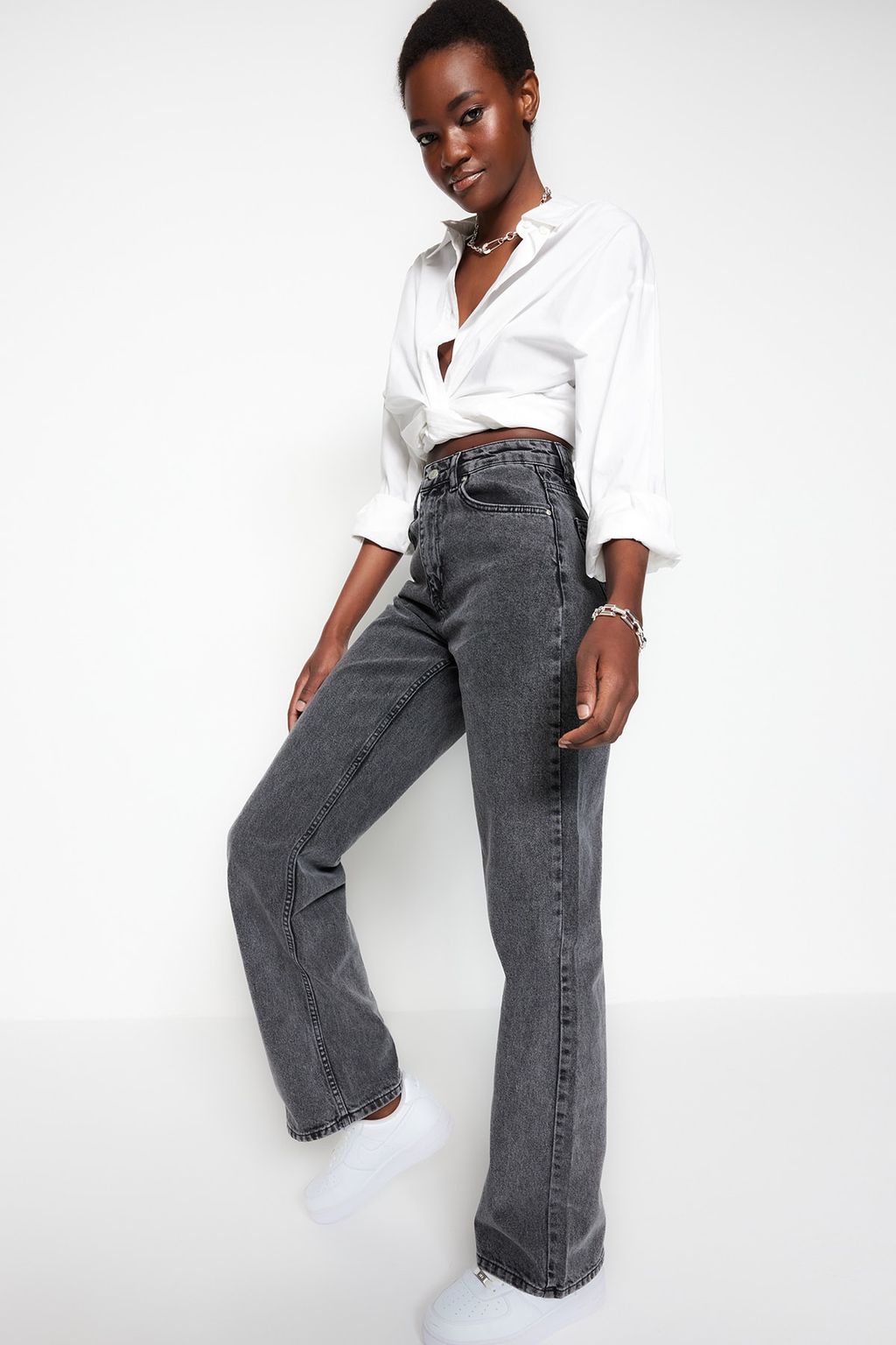 Antrasit Yuksek Bel Wide Leg Genis Paca %100 Pamuk Non-Stretch Jeans TWOSS23JE00068