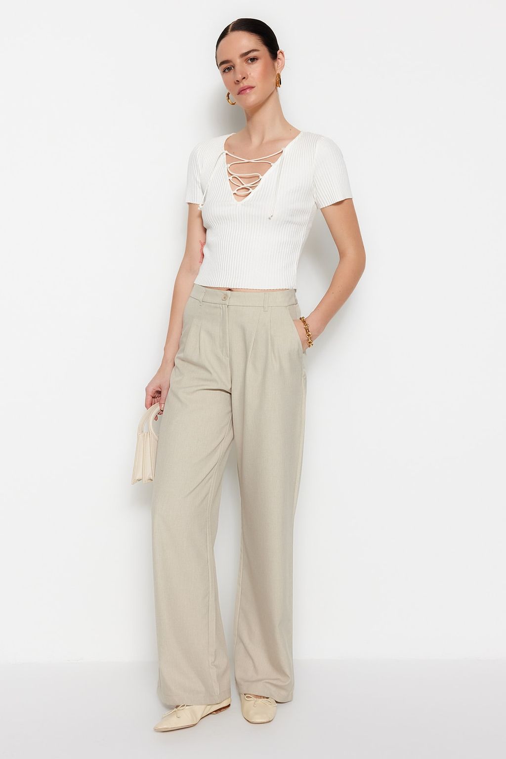 Vizon Wide Leg/Genis Paca Pilili Dokuma Pantolon TWOAW22PL0475