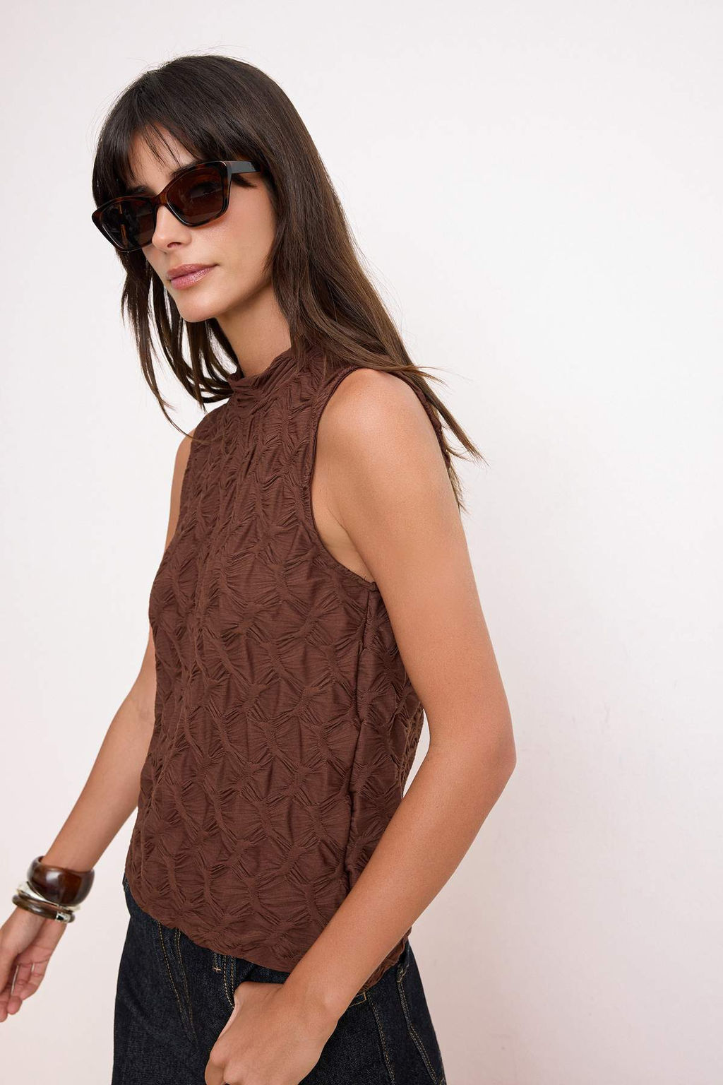 Kahverengi Dokulu Regular/Normal Kal?p Esnek Orme Bluz TWOSS25BZ00268