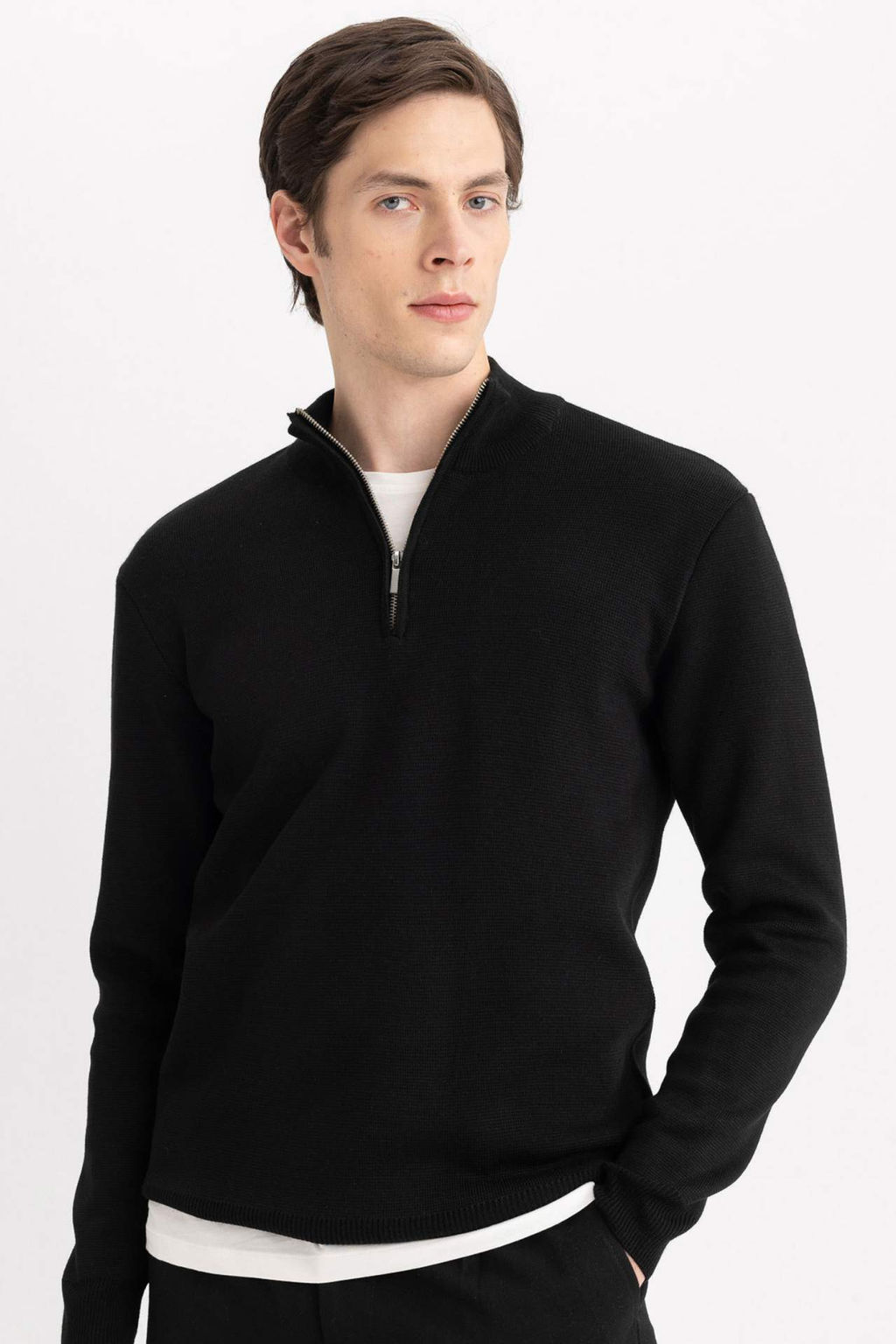 Gri Standart Fit Normal Kesim Dik Yaka Fermuarl? Basic Duz Triko Kazak - Defacto фото 2