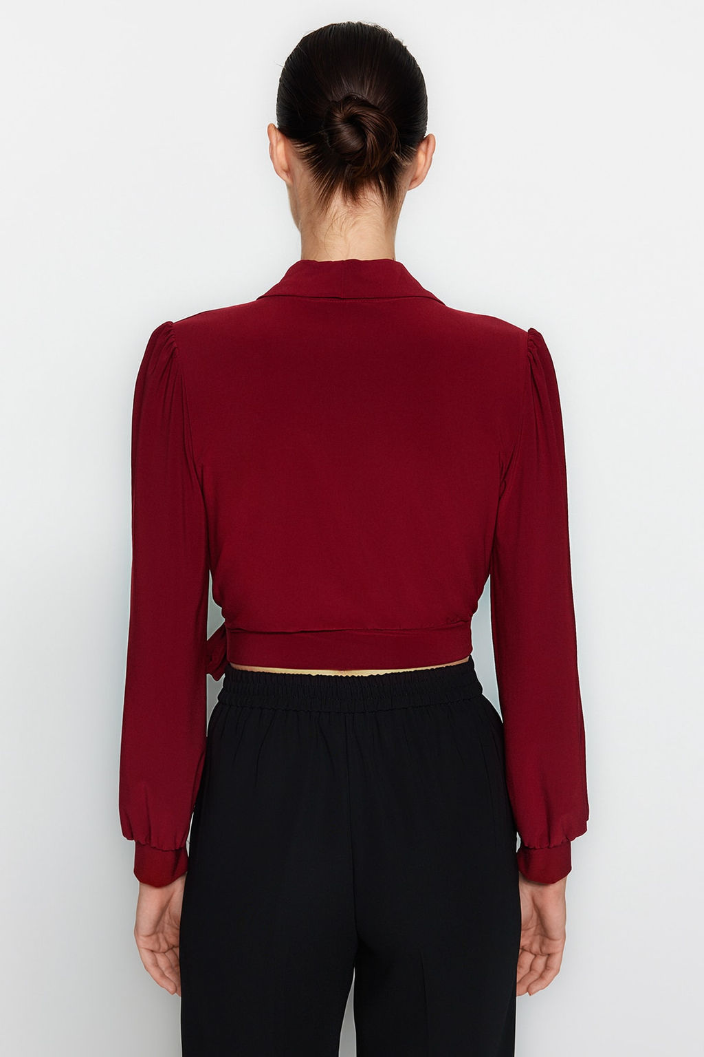 Bordo Kruvaze Kapamal? Crop Esnek Orme Bluz TWOAW24BZ00071