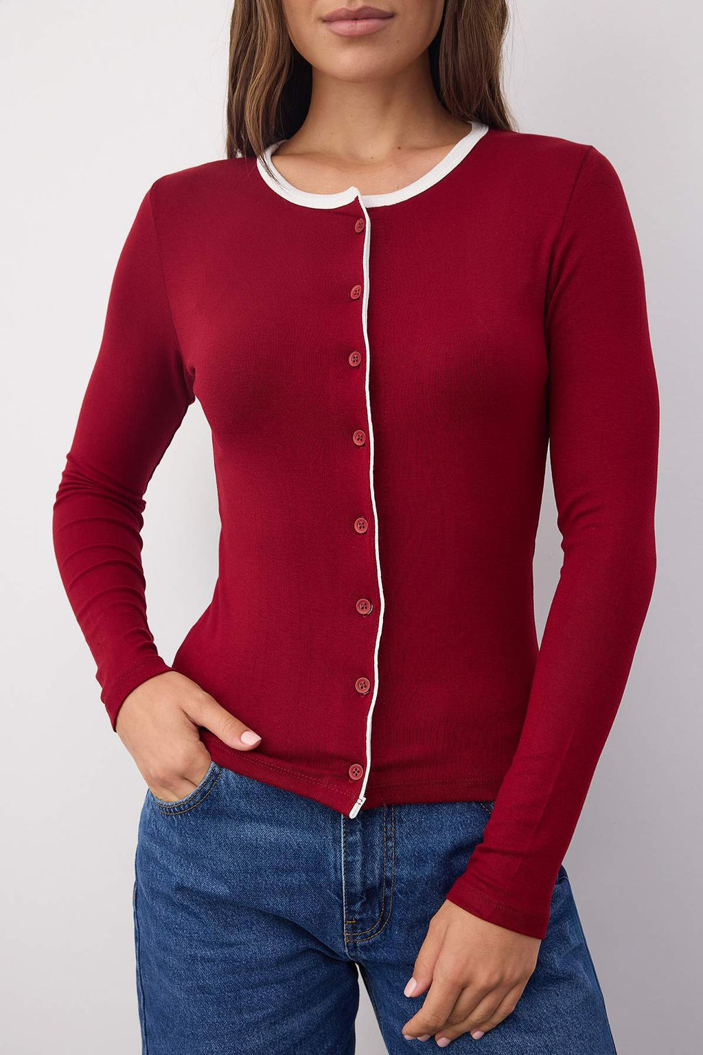 Wardrobe Essentials  Bordo Renk Bloklu Dugmeli Orme Bluz | TWOAW26BZ00004