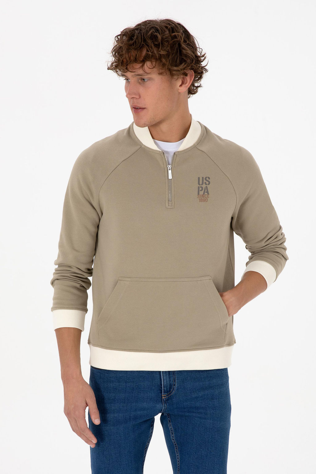 Erkek Yar_m Fermuarl_ Comfort Fit A__k Haki Basic Sweatshirt - U.s. polo assn фото 3