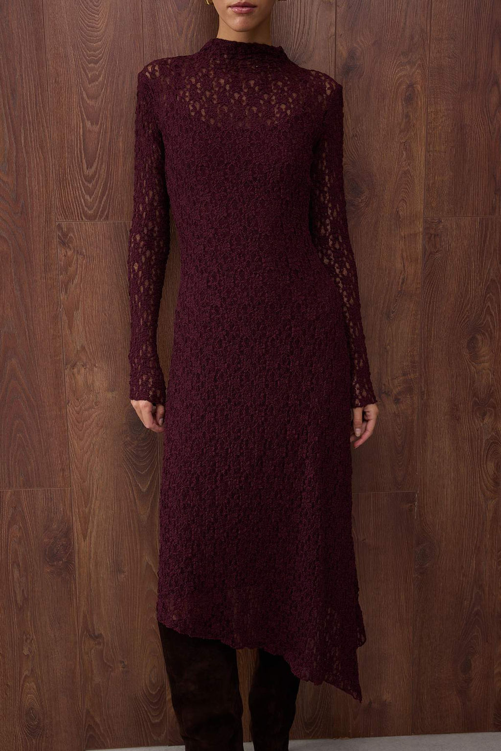 Ozel Koleksiyon Murdum Duz Asimetrik Bodycon/Vucuda Oturan Maxi Orme Dantel Elbise TWOAW26EL00057