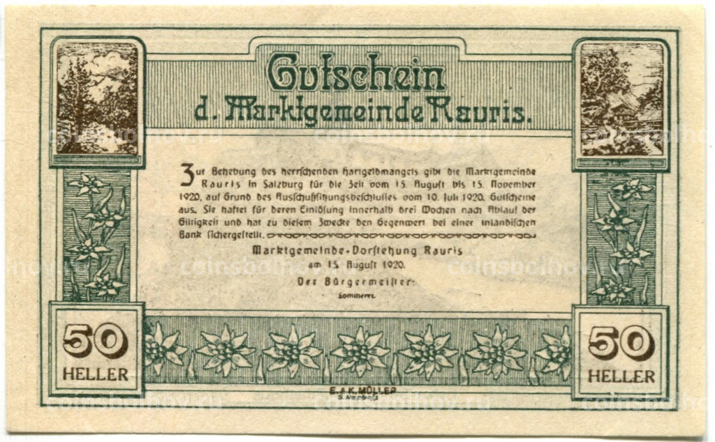 Банкнота 50 геллеров 1920 года Австрия  Рейс (нотгельд)