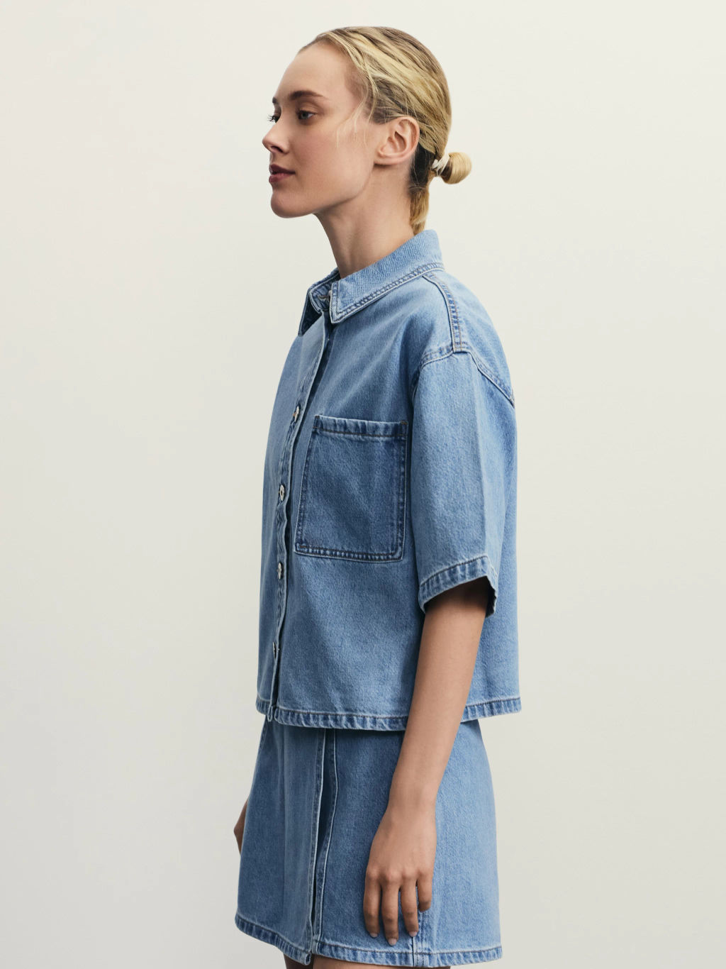 Джинсовая рубашка с коротким рукавом / Zarina  фото 5