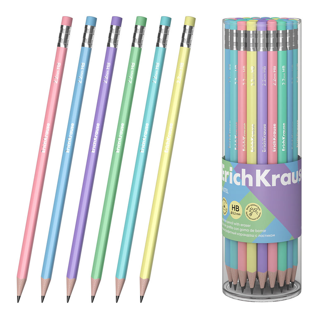 АКЦИЯ Цена за 42 шт. Чернографитный карандаш ErichKrause Pastel, трехгранный , с ластиком, HB (в тубусе по 42 шт.)