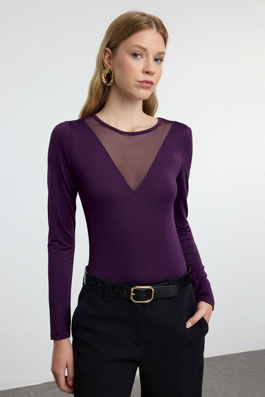 TRENDYOLMILLA Siyah Bisiklet Yaka Tul Dekolteli Alttan C?tc?tl? Esnek Orme Body TWOAW24BD00012  фото 2