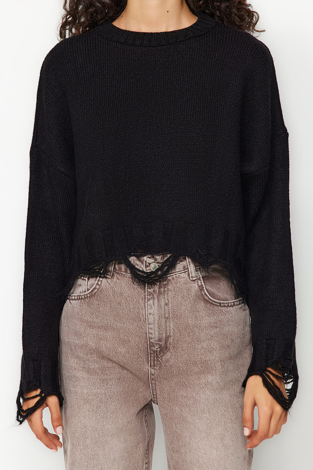 Antrasit Crop Super Genis Kal?p Yumusak Dokulu Ak?tma Detayl? Triko Kazak TWOAW24KZ00319 - Trendyolmilla фото 9