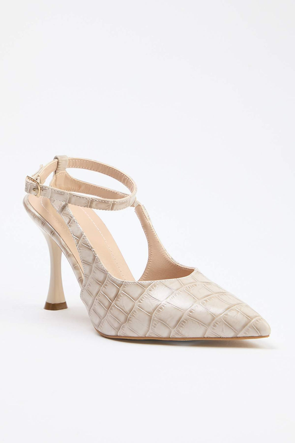 Bej Kroko Desenli Sivri Burun Kad?n 9 cm Ince Topuklu Ayakkab? TAKSS25TO00082