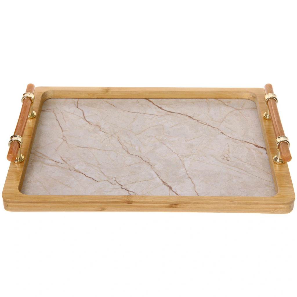 Поднос для завтрака "SHEF" 34,5*25*5,5см с пластиковыми ручками, светлый мрамор