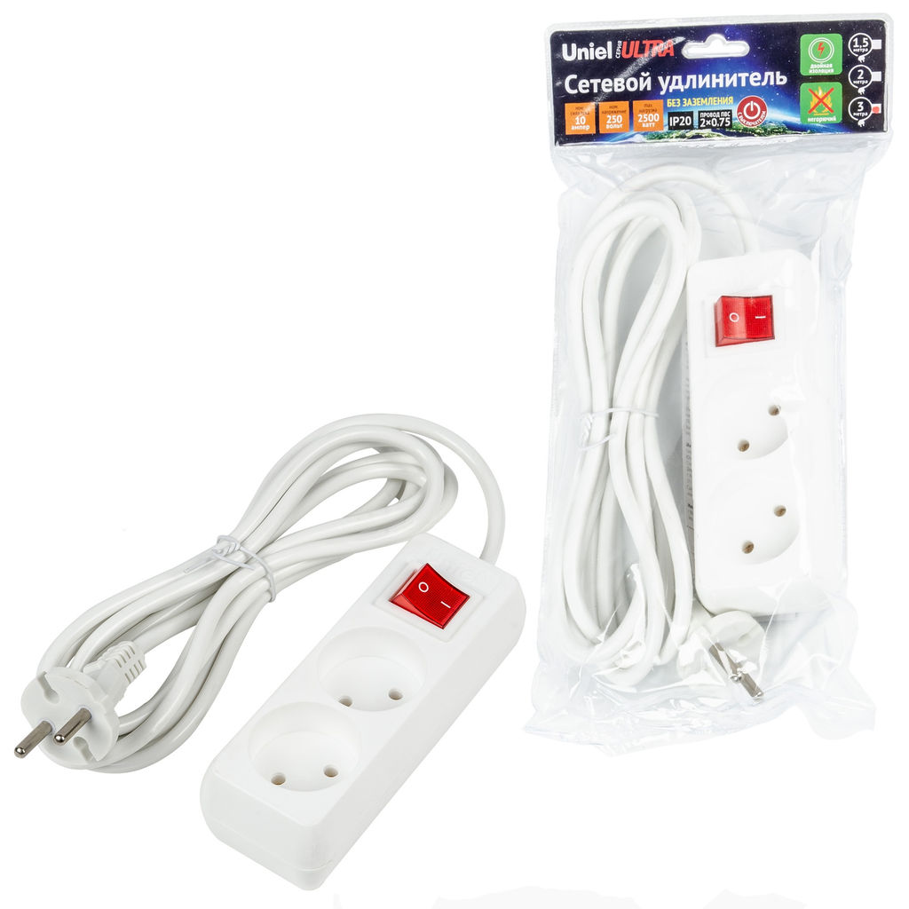 S-CU2-3B WHITE Удлинитель серии Ultra, шнур 3м., 2 гнезда, 10A, б/з. Белый. TM Uniel