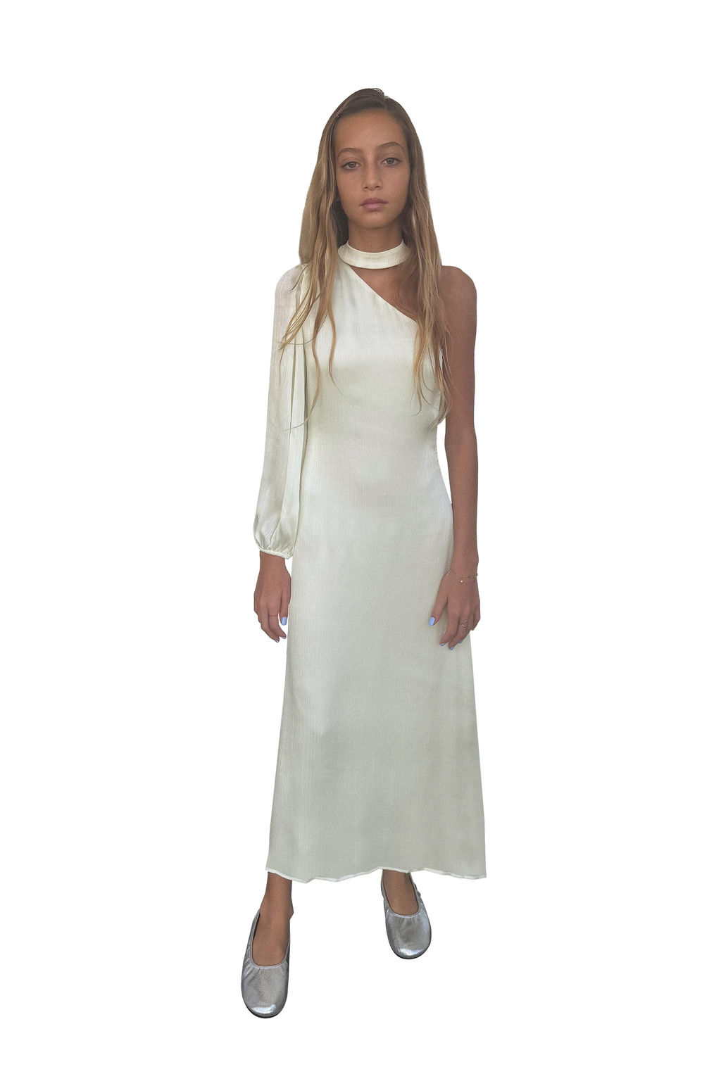 VESTIDO SATINADO ASIM?TRICO / Amarillo claro