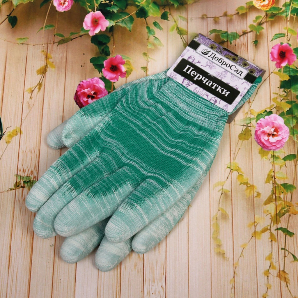 Цена за 12 шт. Перчатки нейлоновые "Меланж" с ПВХ покрытием полуоблитые, зеленые 8 р-р ДоброСад