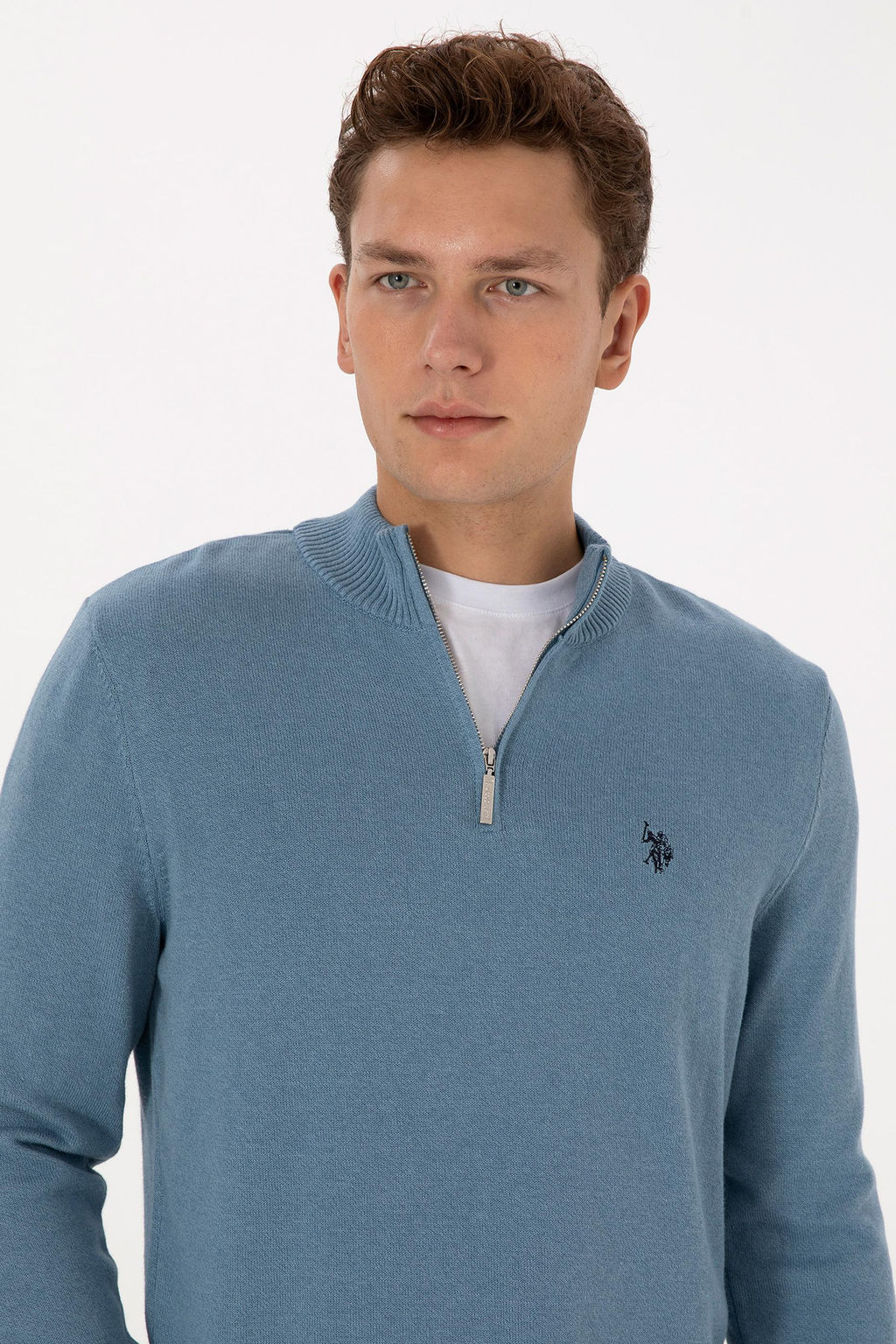 Erkek Slim Fit Yar_m Fermuarl_ Mavi Basic Kazak - U.s. polo assn фото 2