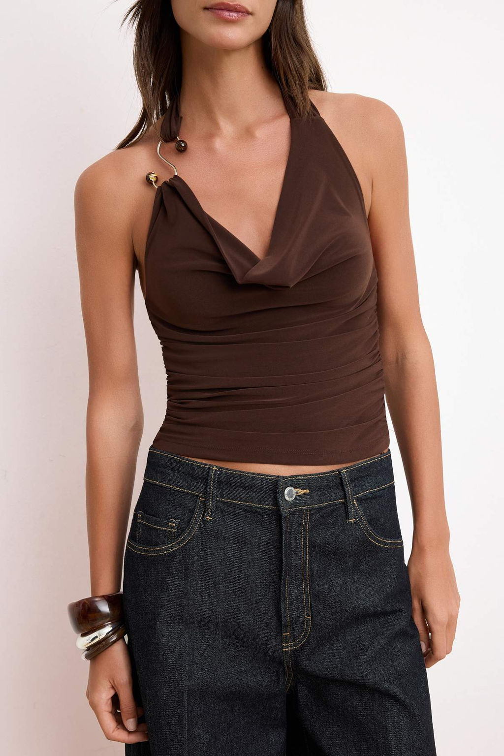 Kahverengi Regular/Normal Kal?p Boyundan Baglamal? Kolsuz Esnek Orme Bluz TWOSS26BZ00521