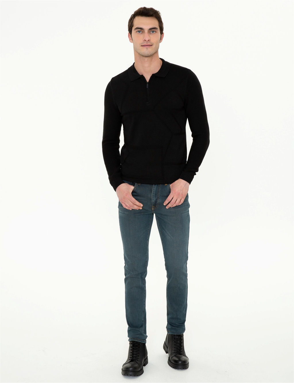 Siyah Slim Fit Fermuarl_ Polo Yaka Triko Kazak