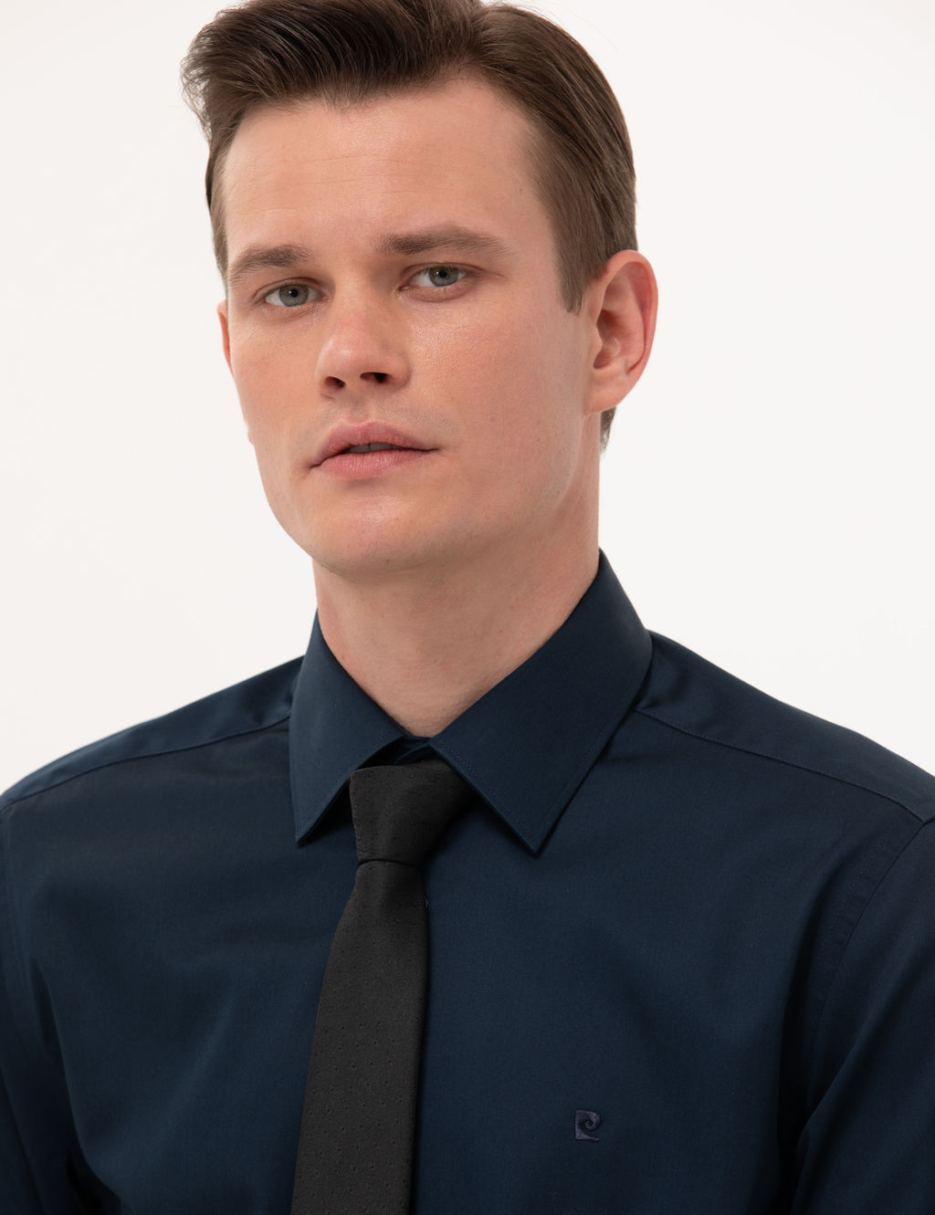 Lacivert %100 Pamuk Parlak Saten Slim Fit Uzun Kollu Basic G_mlek