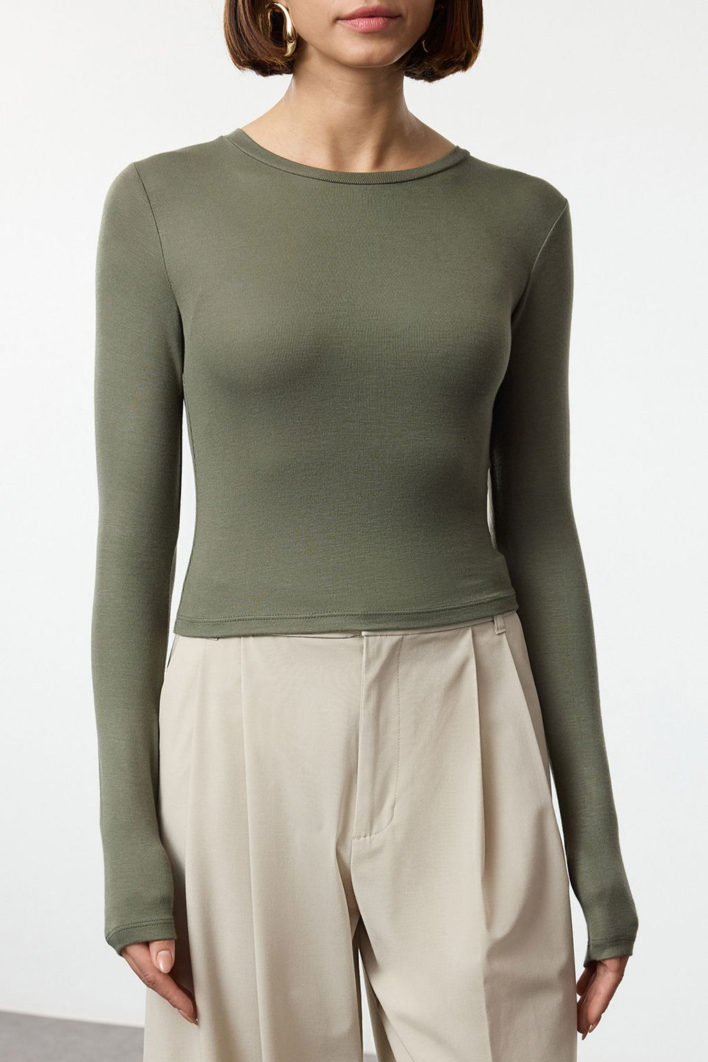 Haki Premium Viskon Bisiklet Yaka Crop Esnek Orme Bluz TWOAW24BZ00116