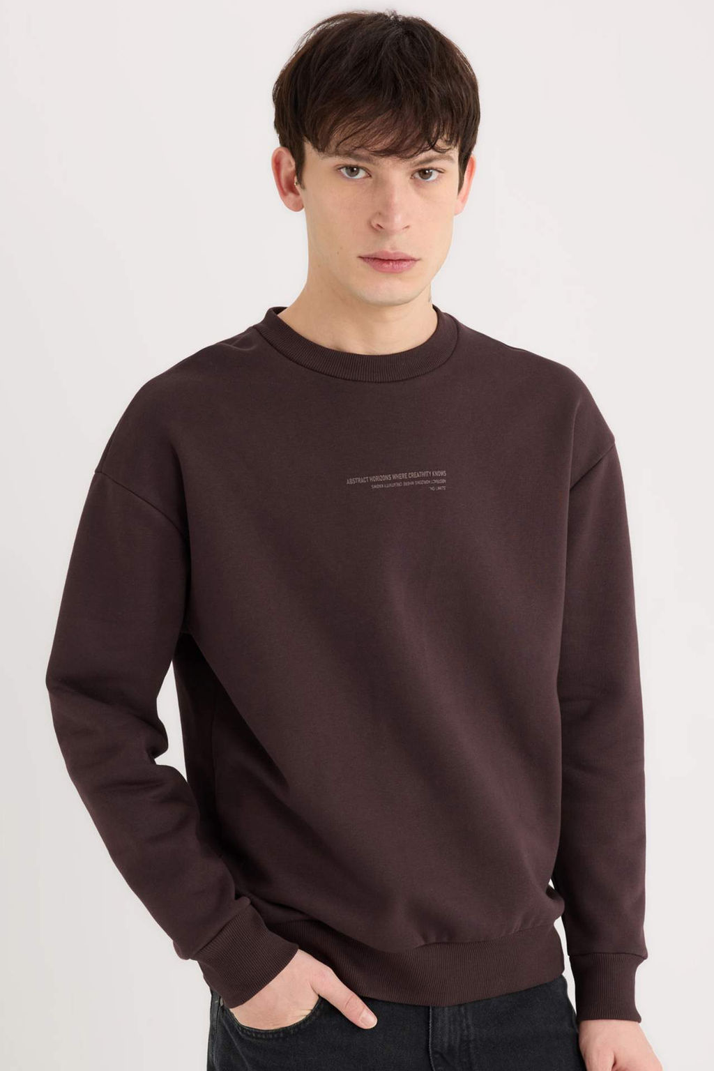 Boxy Fit Bisiklet Yaka Bask?l? Sweatshirt - Defacto фото 8