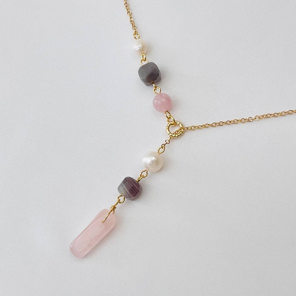 Колье на цепочке с Розовым кварцем,Жемчугом и Агатом - Радуга самоцветов фото 2