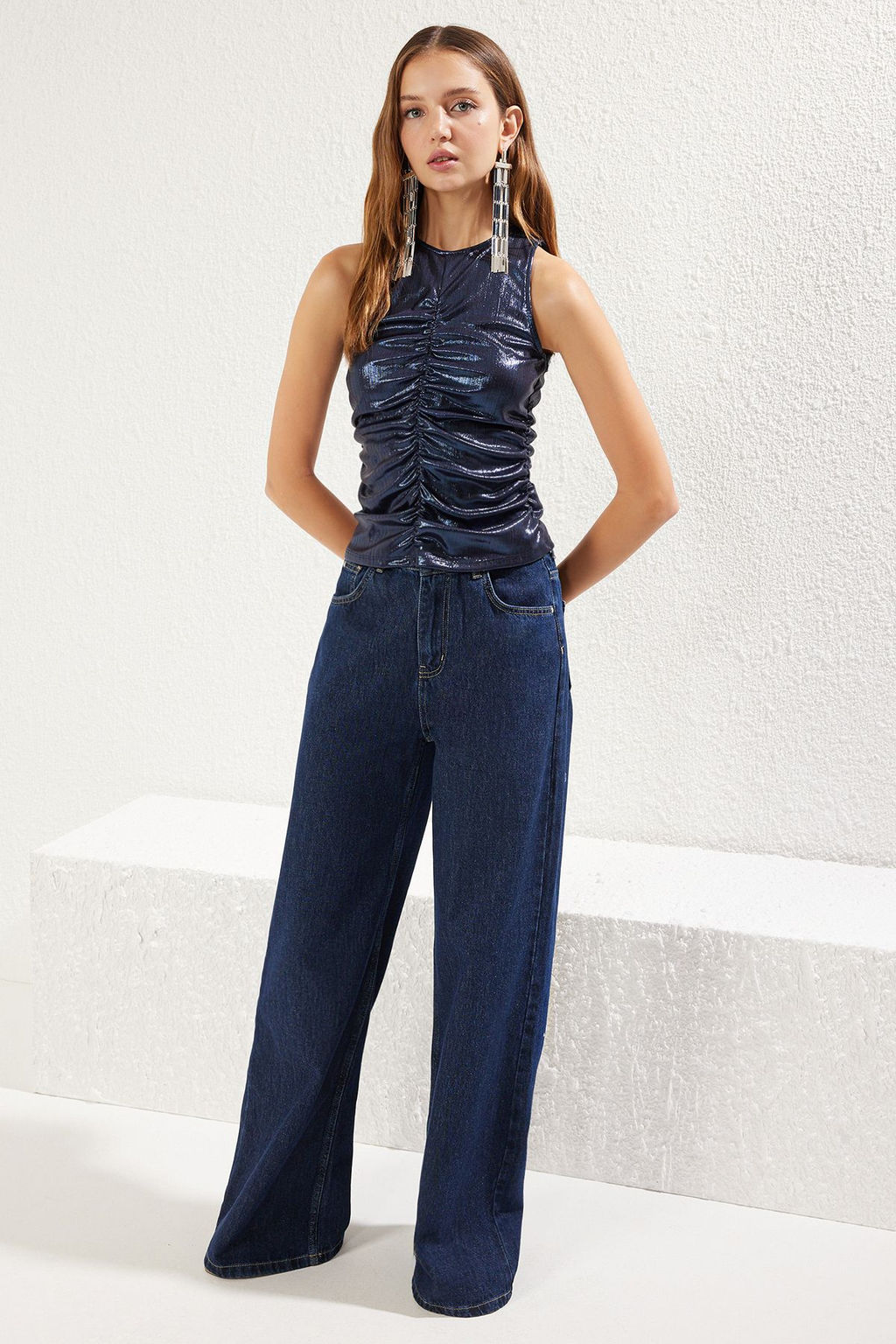Lacivert Metalik Gorunumlu Par?lt?l? Orme Bluz TPRSS25BZ00004 - Trendyolmilla фото 3