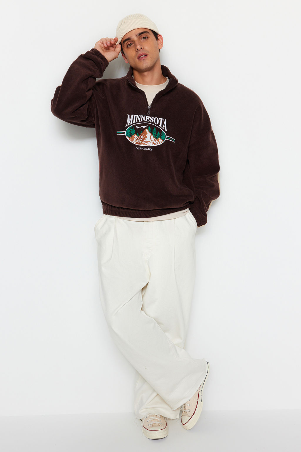 Kahverengi Unisex Oversize/Genis Kesim Dik Yaka Fermuar Anti-pilling Polar Sweatshirt TMNAW24SW00034