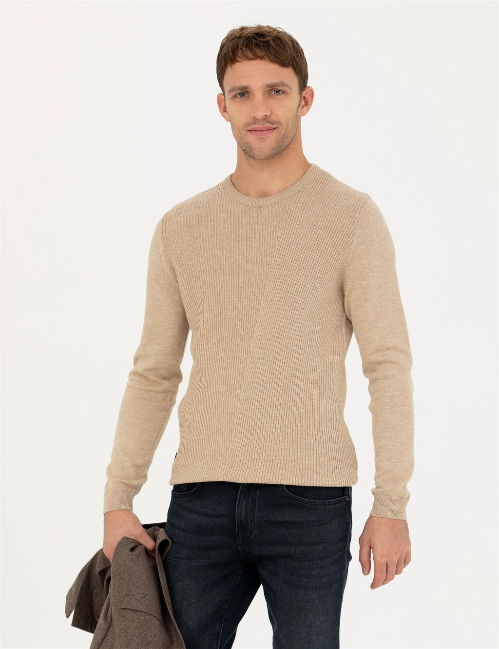Bej Slim Fit Bisiklet Yaka Triko Kazak