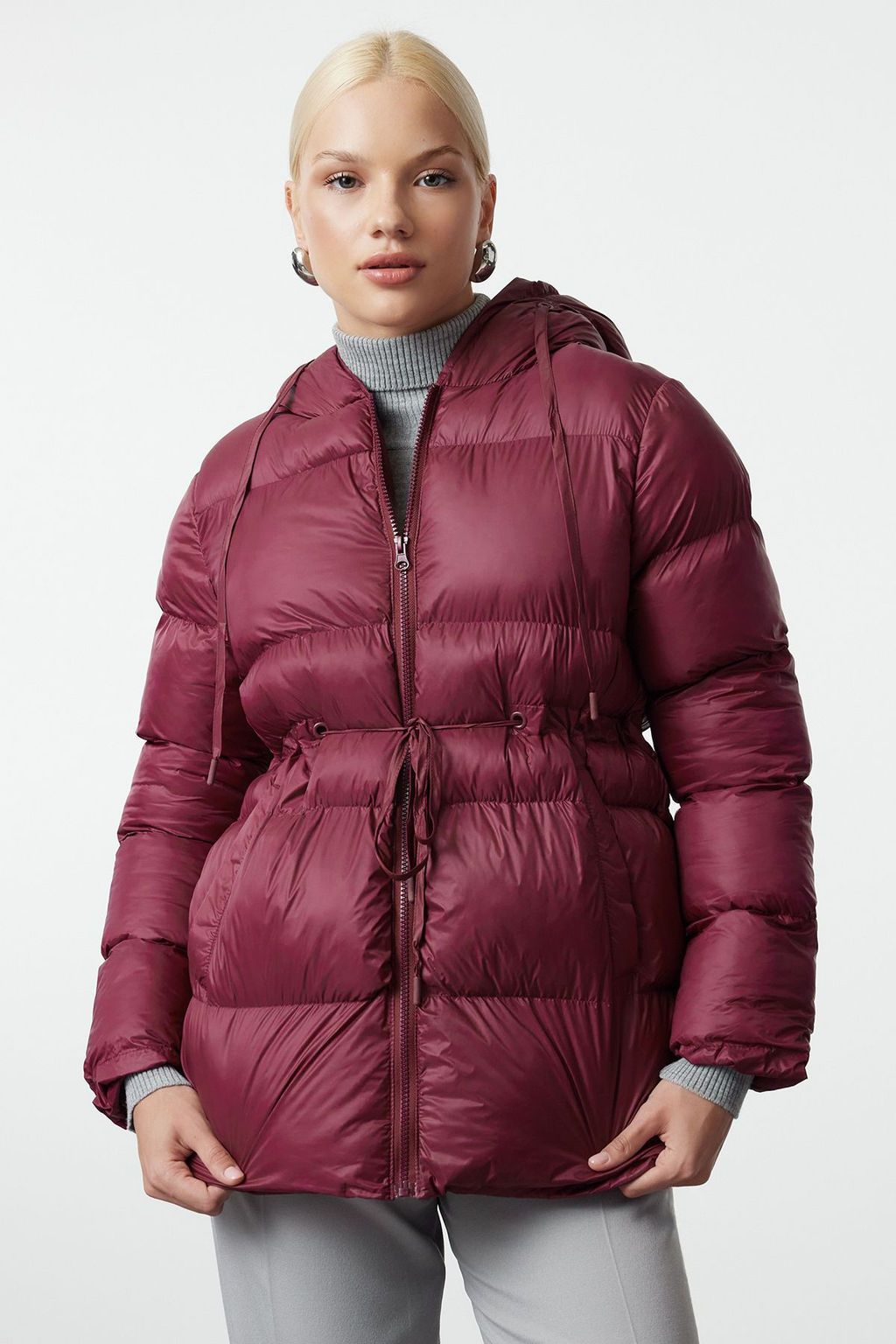 Bordo Regular Kal?p Kapusonlu Belden Buzgu Detayl? Su Itici K?sl?k Sisme Mont TWOAW25MO00164 - Trendyolmilla фото 3