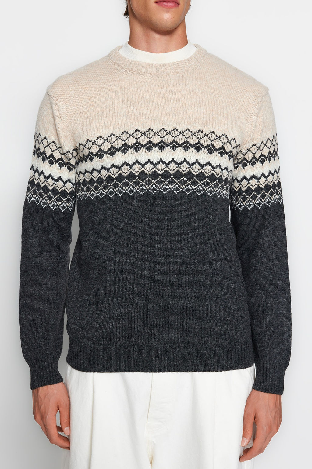 TRENDYOL MAN Antrasit Slim Fit Yunlu Bisiklet Yaka Panel Jakarl? Triko Kazak TMNAW21KZ0738 - Trendyolmilla фото 3