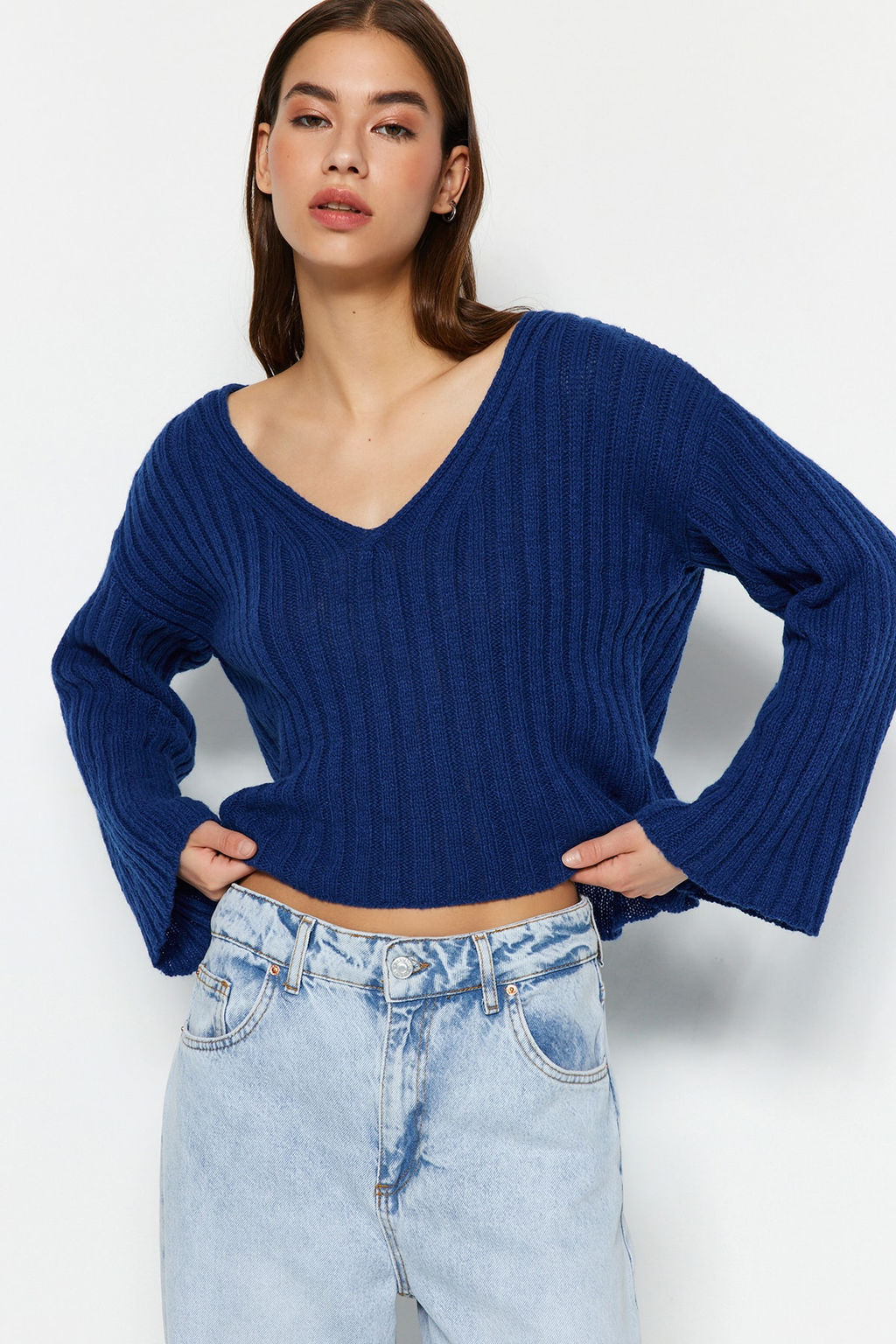 Saks Merserize Gorunumlu Yunlu Genis Kal?p Basic Triko Kazak TWOAW23KZ01844